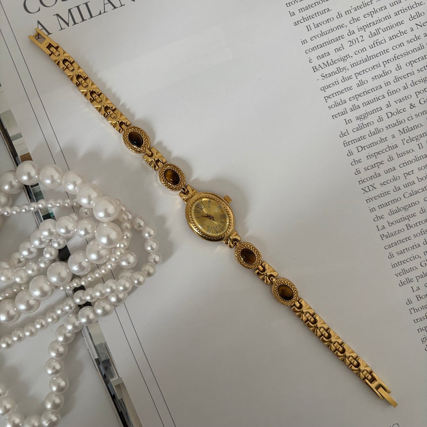 Tigy - Gold Bracelet Watch with Tiger's Eye Stones