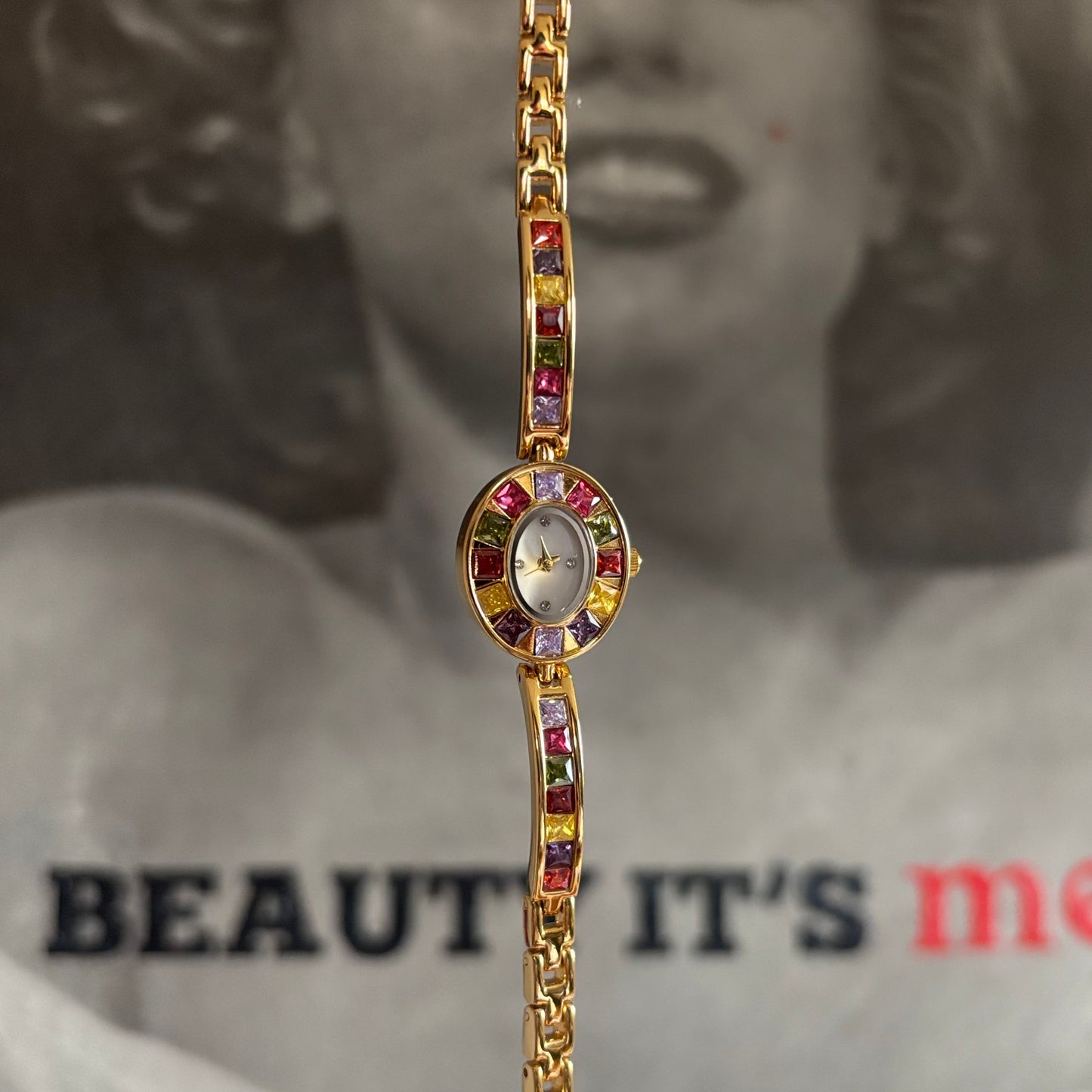 Rainbow - Gold Bracelet Watch with Multi-Colored Gemstones