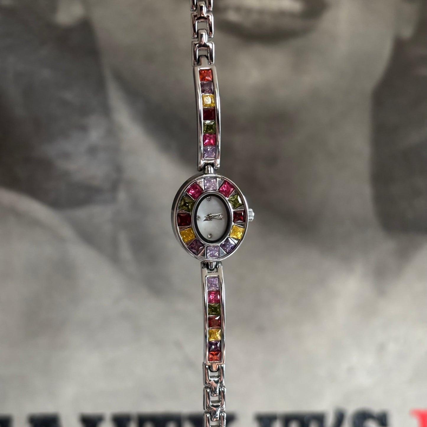 Rainbow - Silver Bracelet Watch with Multi-Colored Gemstones