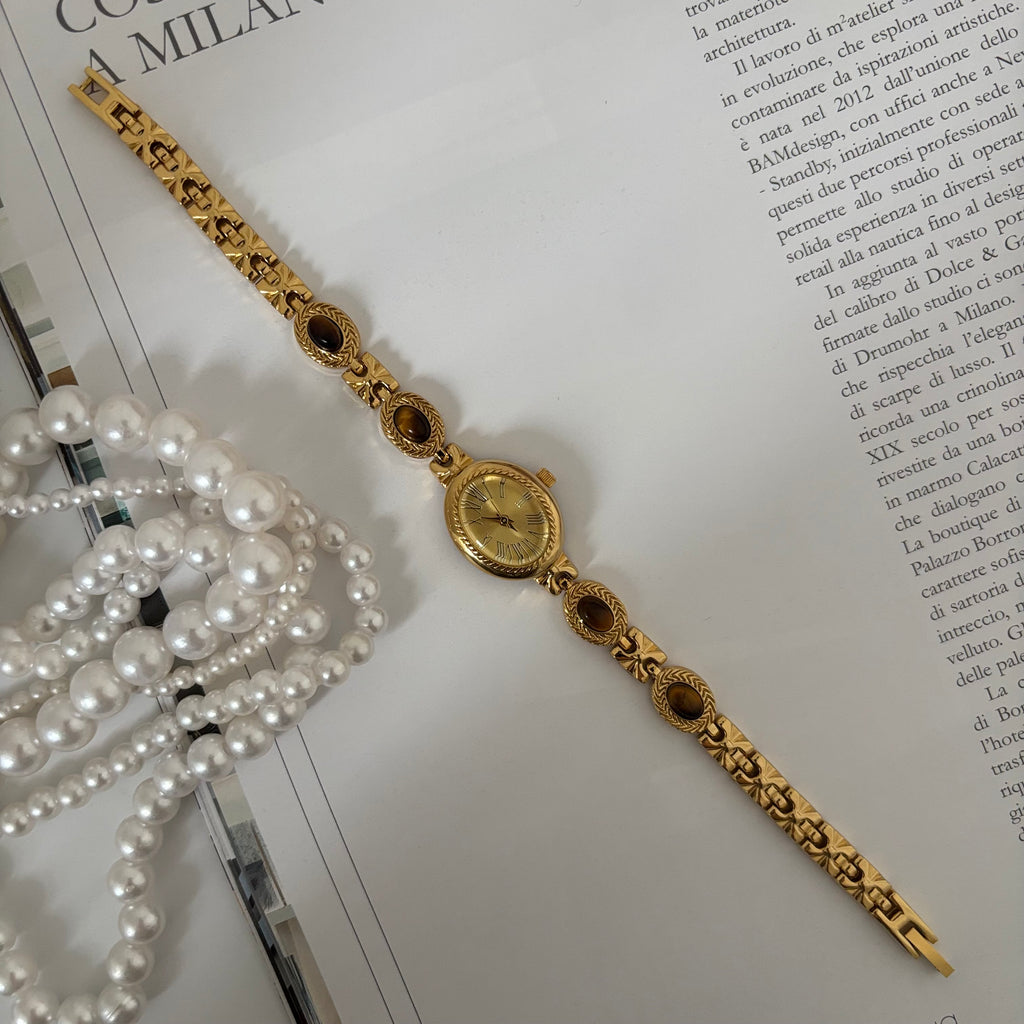 Tigy - Gold Bracelet Watch with Tiger's Eye Stones