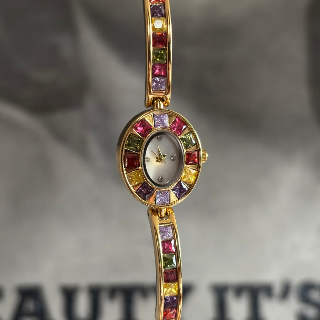 Rainbow - Gold Bracelet Watch with Multi-Colored Gemstones