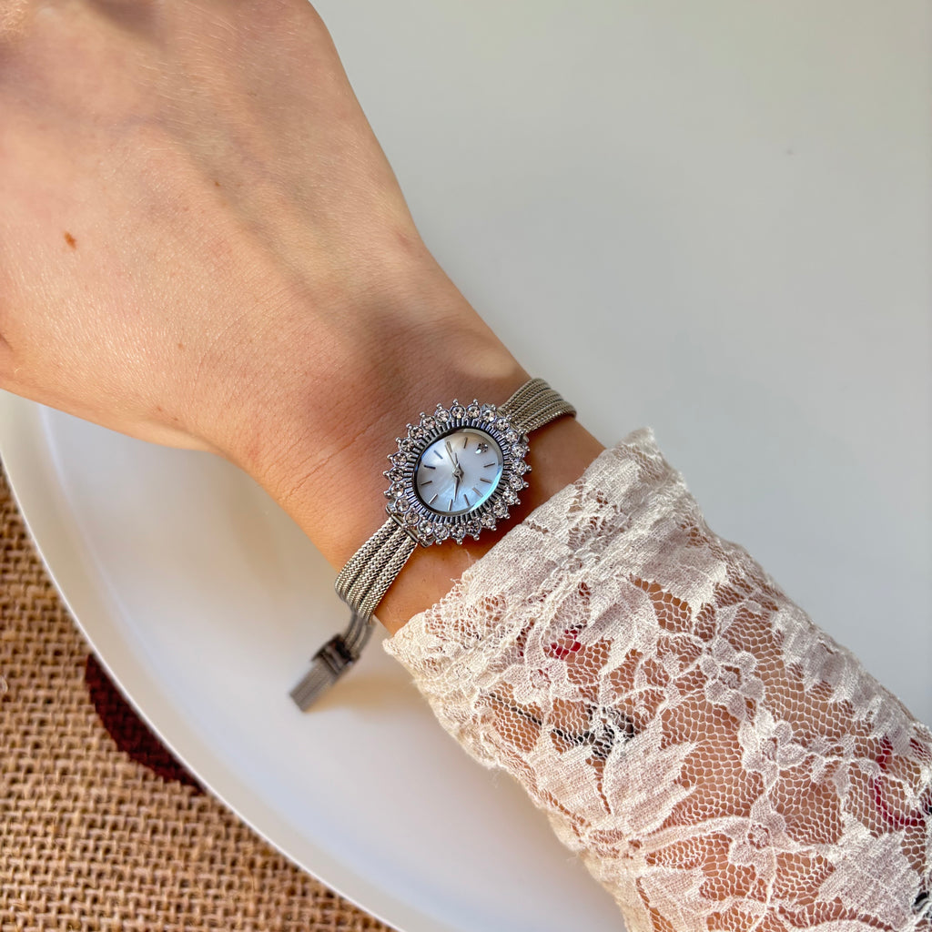 Silver Radiance - Women’s Crystal-Accented Vintage-Inspired Bracelet Watch